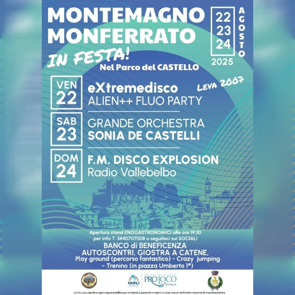 Montemagno Monferrato in festa dal 22 al 24 Agosto 2025 nel Parco del Castello